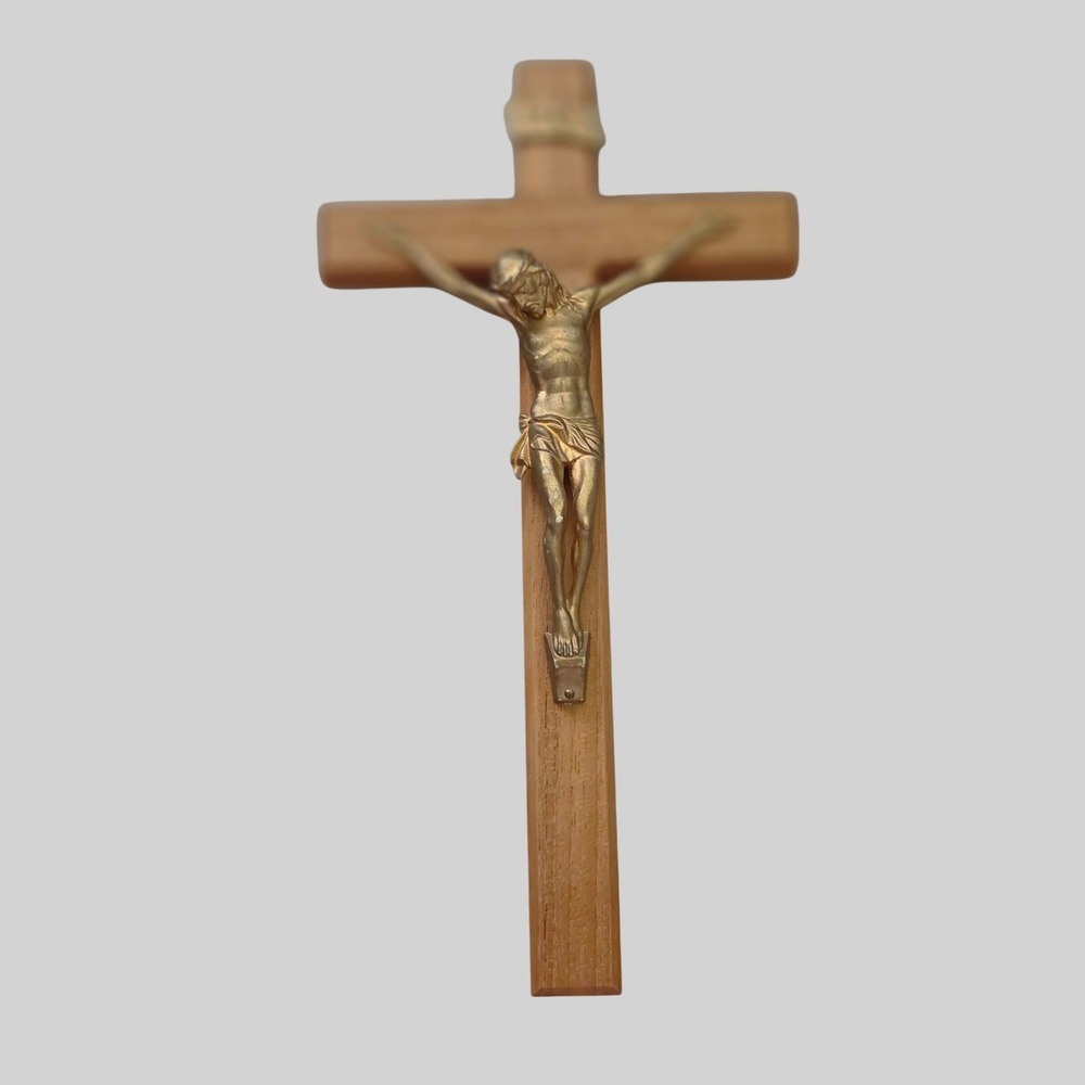 Vintage Real Wooden Cross and Gold Tone Resin Corpus Crucifix INRI Wall Hanging
